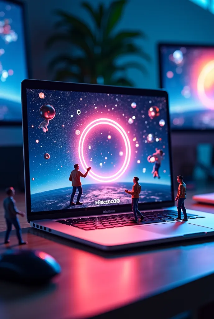 "A MacBook 2019 sits open on a desk, but instead of a normal screen, it displays a glowing portal to another dimension. Tiny human figures are stepping into the screen, entering a futuristic, cyber-world full of floating UI elements and digital creativity....