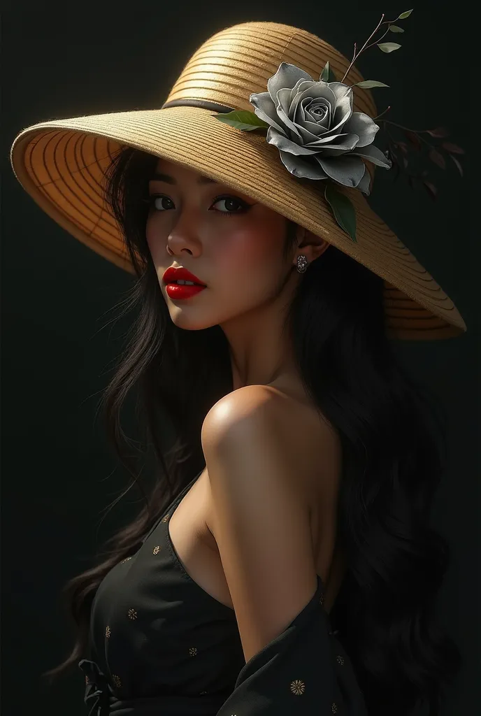 A stunning minimalist digital Painting featuring a captivating and mysterious Asian woman with elegant features. She dons a wide-brimmed gold hat adorned with a lively silver rose, partially conceals her enigmatic face. Her bold red lips contrast strongly ...