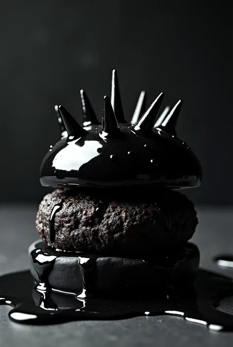 Black burger with black kanpak rum inside thick black chop with black sauce and black spikes on top which are edible