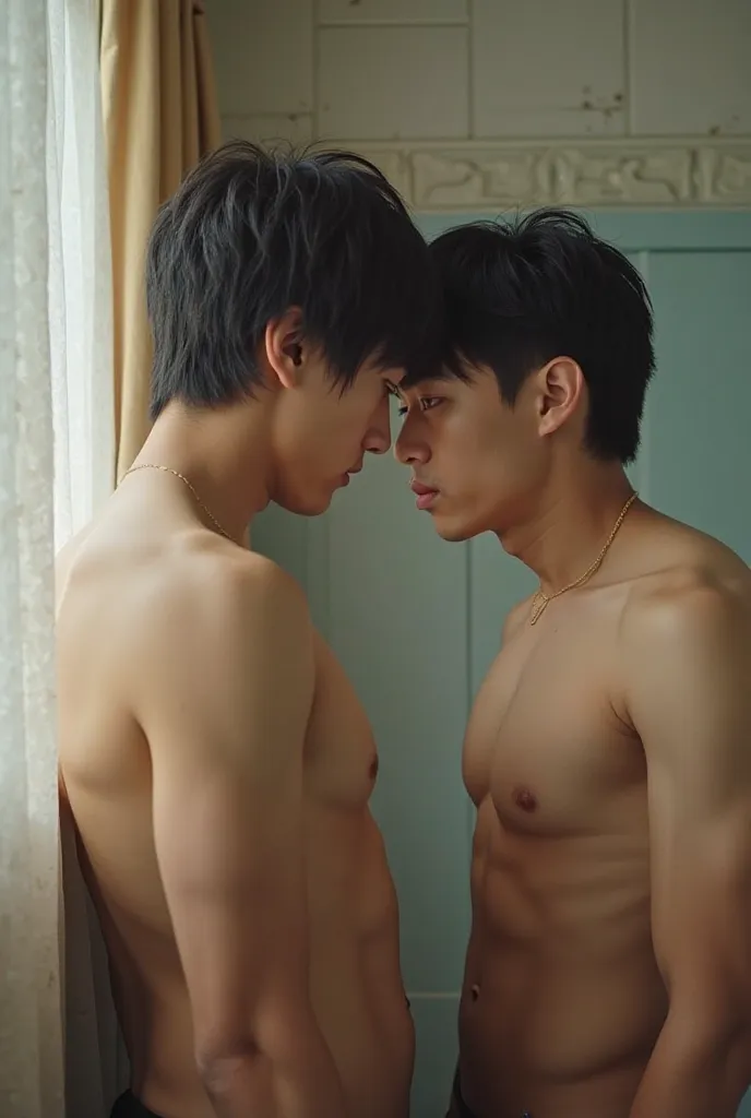 Two handsome Japanese high school students with thin black hair make their dicks super erect and have erotic penetrative sex