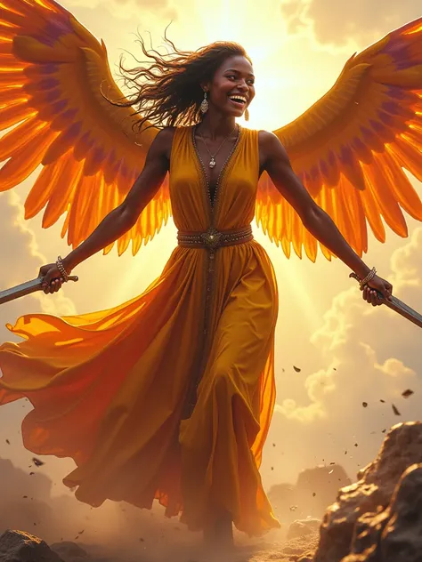  realistic fantasy, very beautiful African woman, Angel warrior with colorful wings and she fights wildly in front of her with a sword in her hand, ready for battle, your body is facing forward for defense, She looks forward, Direct front view, detailed re...