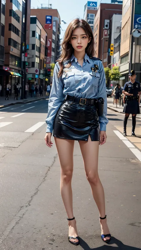 beautiful Japanese woman, 22 years old, perfect anatomy, healthy thighs, beautiful legs, beautiful skin, random hair color, random hairstyle, large breasts, female police officer, (Japanese police uniform:1.3), (miniskirt:1.3), (she is standing:1.2), full ...