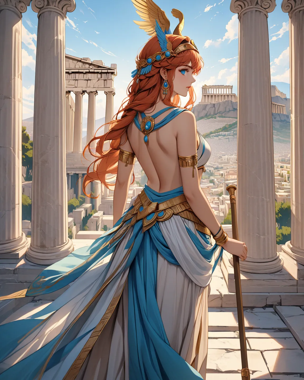 ,masterpiece, best quality, detailed, 8k, 4k, highres, detailed beautiful eyes, ,more_details:-1, more_details:0, more_details:0.5, more_details:1, more_details:1.5,greek mythology,Hera,greek_clothes_peplos_,greekworld,back of acropolis of athens,acropolis...