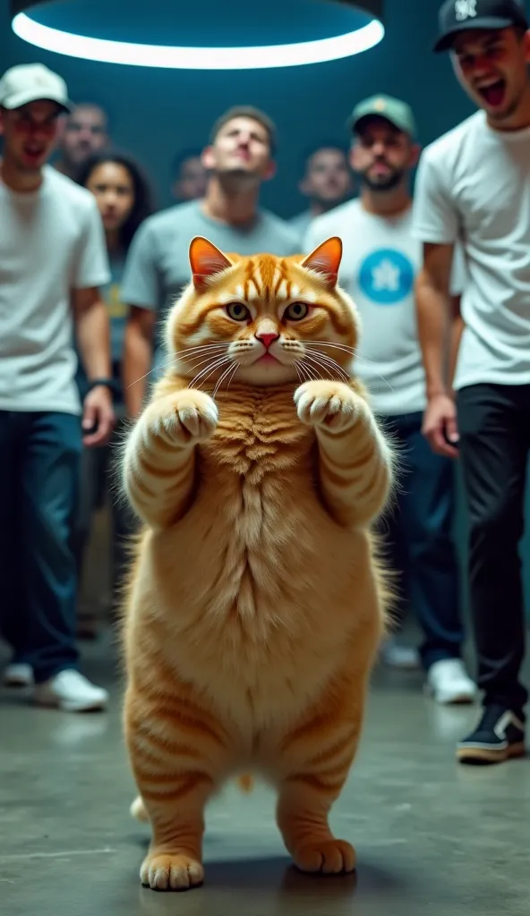 A chubby, orange tabby cat standing on its hind legs in the middle of a hip-hop dance battle, surrounded by a group of people wearing casual streetwear, some in white t-shirts and caps. The cat has a round, plump belly and thick fluffy fur, giving it a mor...