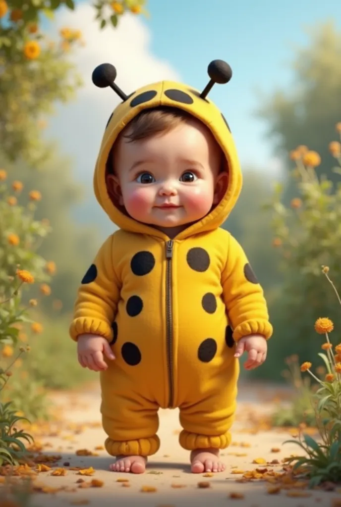 Realistic baby is standing wearing yellow ladybug costume