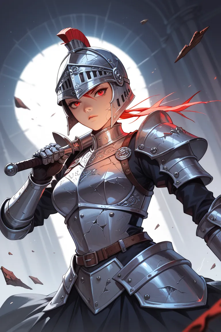 draw a knight in gothic armor, cracks in the helmet, glowing hellish red eyes, exposed limbs, In anime-style combat pose, dark scene, dark atmosphere, dramatic lighting, color somber palette, digital illustration, high quality, ultra detailed, masterpiece