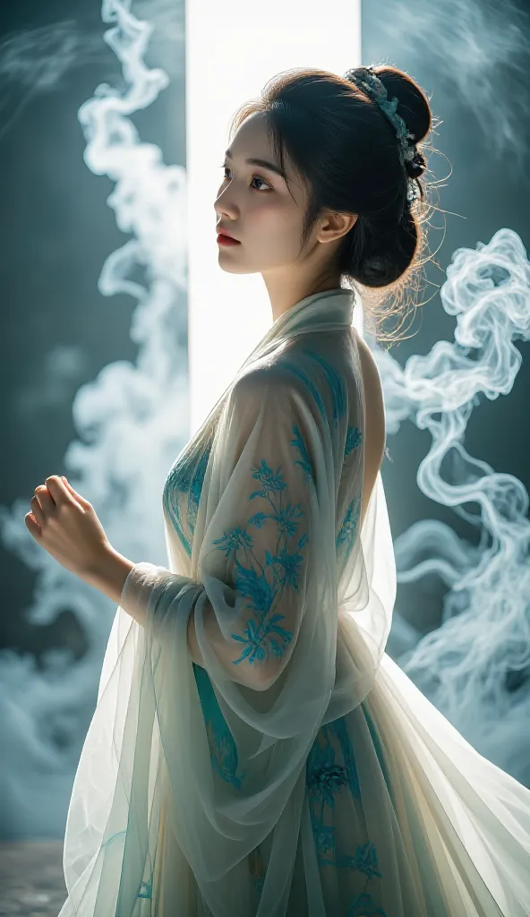 Double Exposure Style, Volumetric Lighting, a girl with Wrap top,arching her back,Traditional Attire,Artistic Calligraphy and Ink,, light depth, dramatic atmospheric lighting, Volumetric Lighting, double image ghost effect, image combination, double exposu...