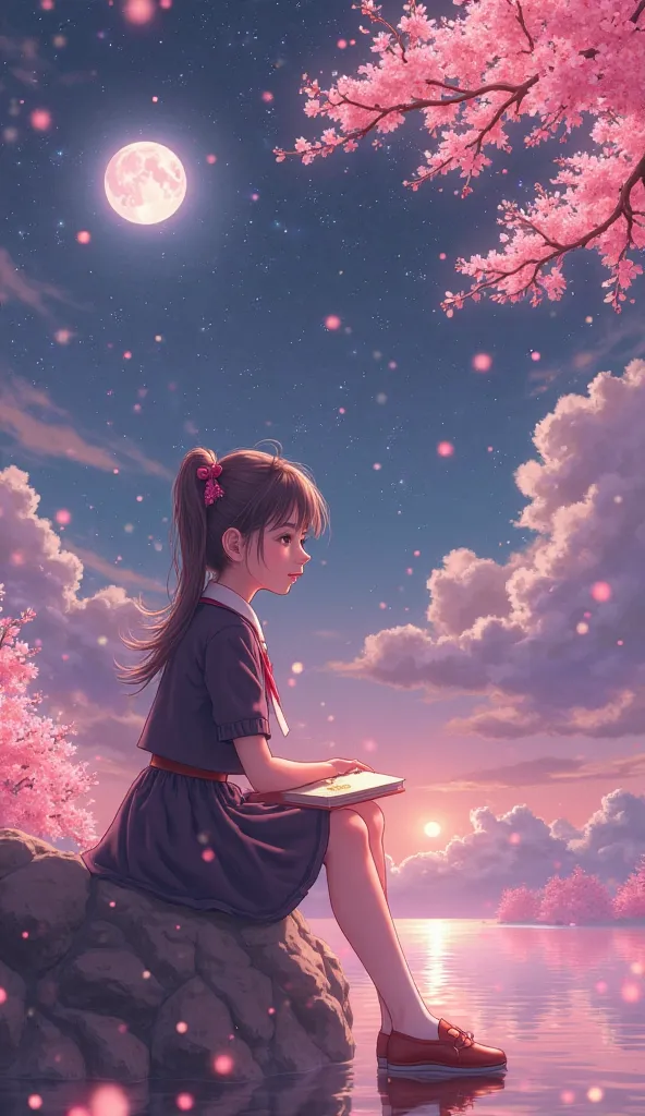 Fantastic Space　Night Sky　is flying。 full moon　cherry blossoms dance
Beautiful and cute school girl sitting in front of a star-shaped pink gold　Wearing a uniform。I have a textbook that shines in pink gold in my hand。smile

