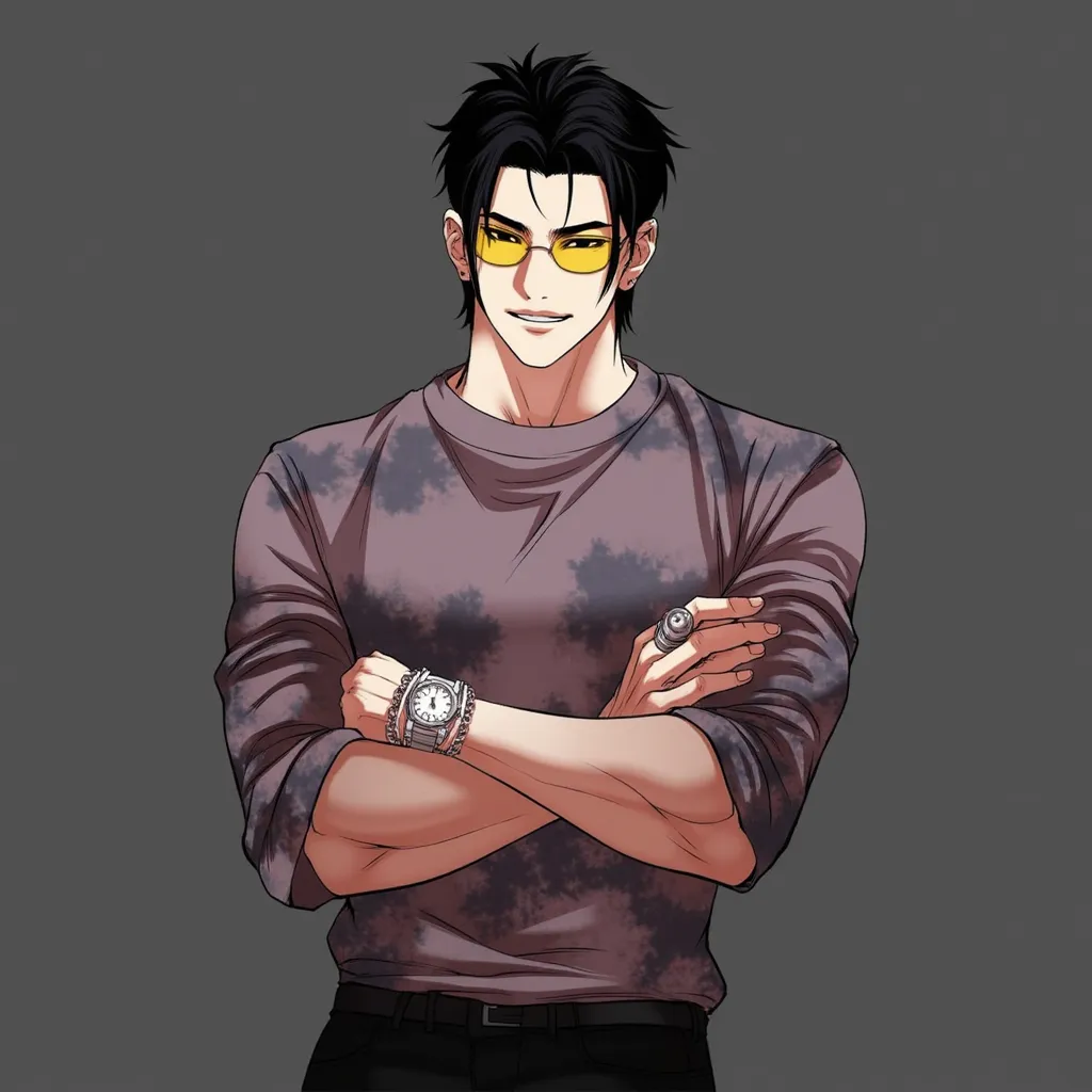 Inner scene "look" Manga with tall male character, athletic figure, strong, black Detrock hair, handsome appearance, sharp angular facial features , Elegant tall male figure, , Confident and relaxed posture, strong jawline, intense gaze, muted color palett...