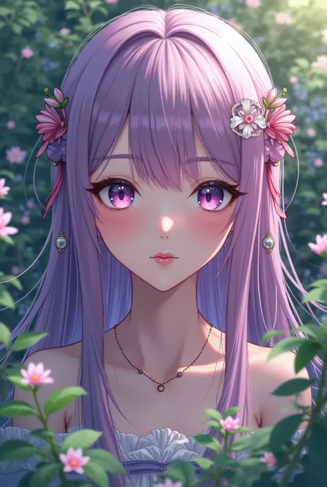  face seen from the front,upper body,purple pink hair,Straight Long Hair,anime,2.5D,hair ornaments close to the garden