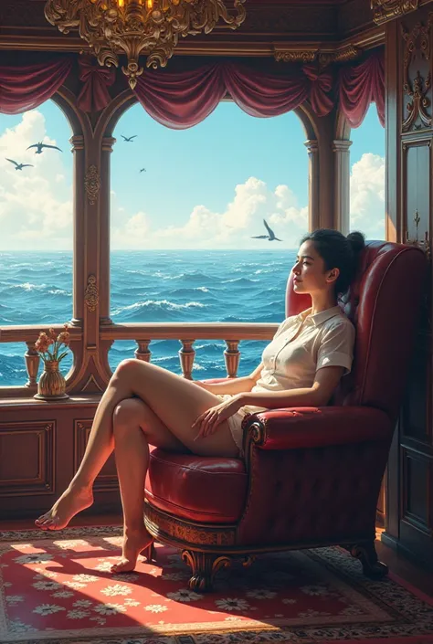 Person in a super comfortable armchair inside a ship on the high seas