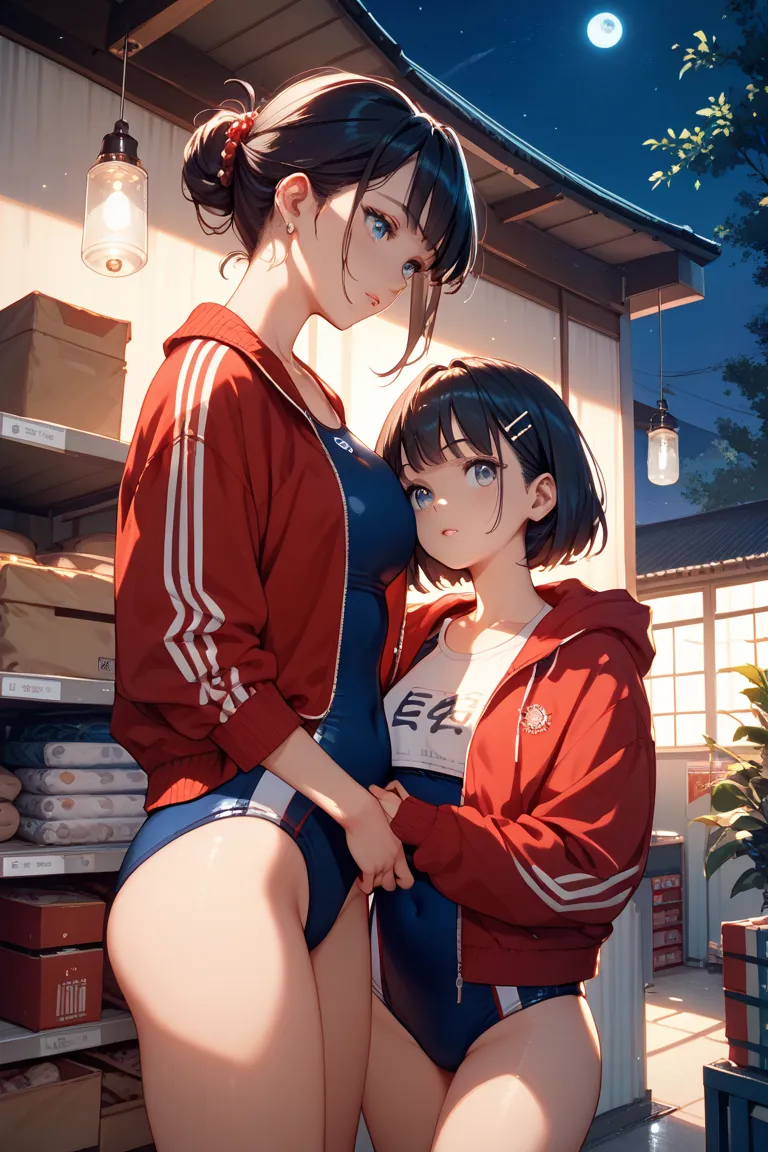 Beautiful black haired short bob girl wearing a red jersey jacket and a red and white competitive swimsuit,In the school storehouse,night,bean light bulb,dim,There are also bald teachers,Two people in the picture,