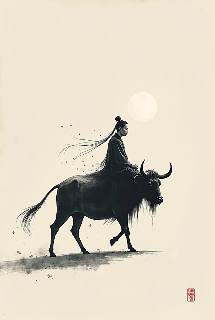 Black brush strokes, Chinese painting style, one continuous stroke. Abstract, Lao Tzu riding a buffalo