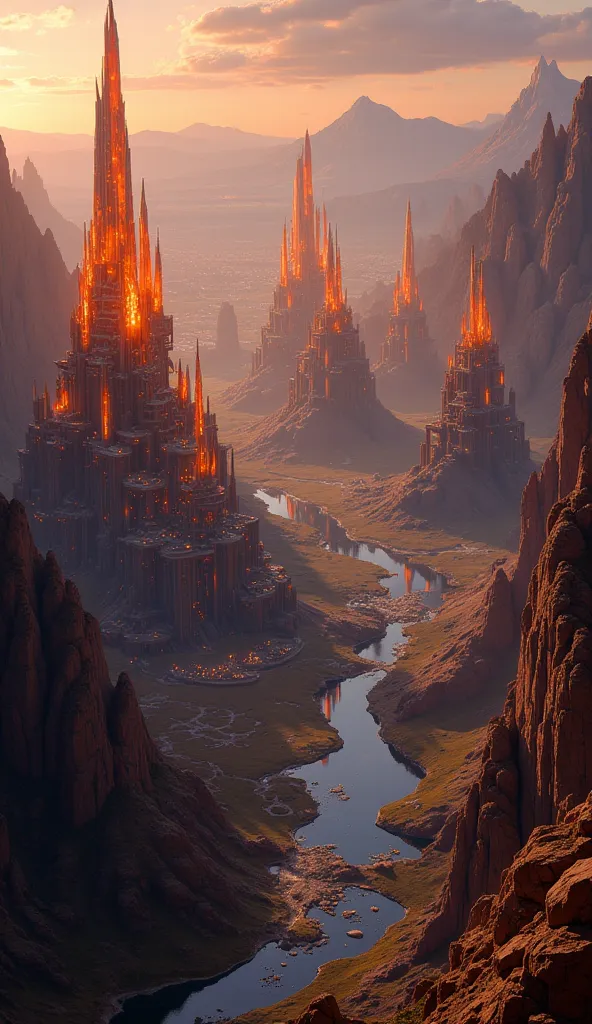 Imagine a futuristic city nestled within a vast canyon. Towering crystal structures, glowing with an internal light, dominate the landscape. The city is bathed in the warm hues of a setting sun, casting long shadows and creating a mesmerizing interplay of ...