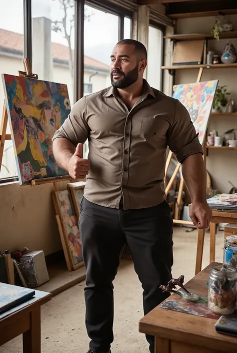 Masterpiece, Accurate, Award Winning, Best Quality, Extremely Detailed, 8K, HD, Super-Resolution, Dynamic Depth of Field, Photorealistic, Full Coloured, Realistic Skin and Hair Texture, ((a 35-year-old, dark-skinned, bald Indonesian art teacher with warm g...