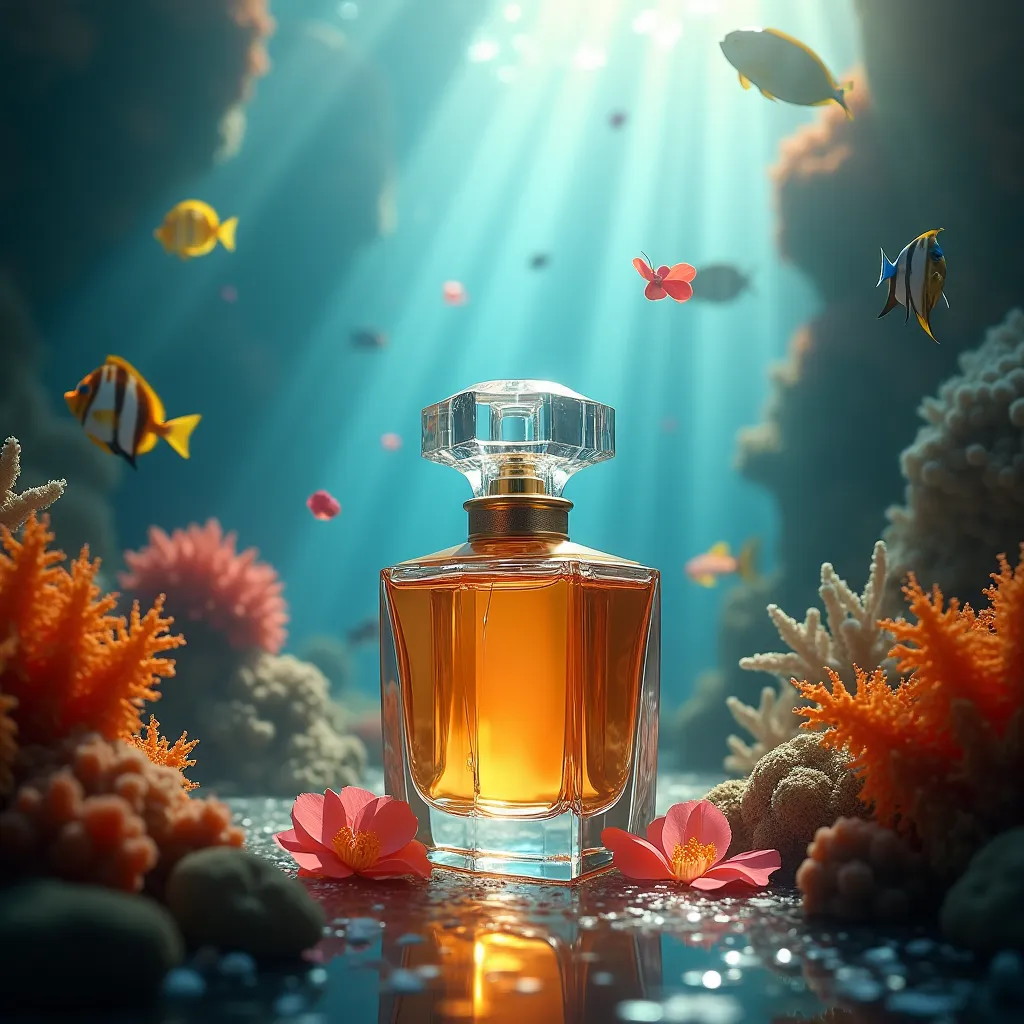 make a picture for your perfume marketing product , Use the perfume you sent me、use an interesting marine-themed background containing amber and floral scents