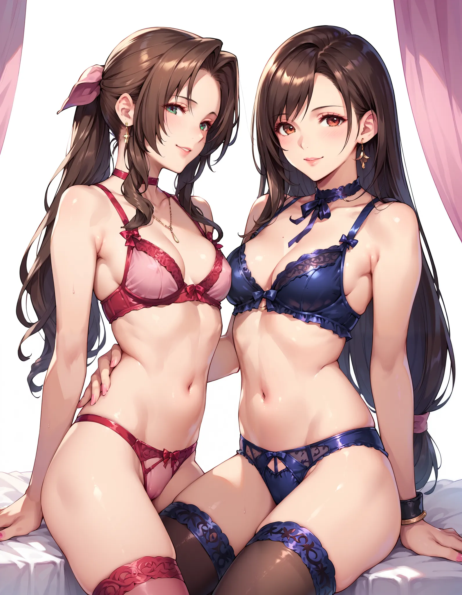 Tifa Lockhart, Aerith,  Final Fantasy, sexy cute girl in sexy lingerie, ( two girls, 1 image)