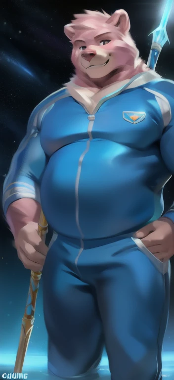 alone , Male tall , Fly the space sky trail, extraterrestrial,pink bear , Blue Military Spacesuit,Holding a magical staff of Water ice element, Overweight , strapped muscles , smirking ,​by chunie