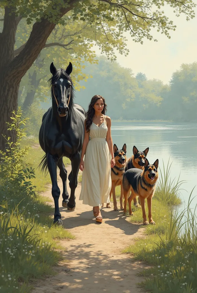 a girl walking along the lake with a black horse and her 4 German shepherd dogs