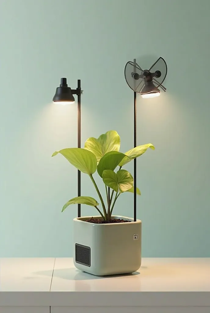 The smart plant pot has two poles coming out, the left side is a lamp on the pot, the right side has a fan on top of the pot, there is a small speaker next to the small square pot body on the side. There is an lcd in front of the pot.