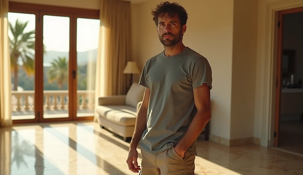 A 16:9 wide YouTube video image of Johannes, a man in his late 30s, with short, slightly messy dark brown hair, hazel eyes with a worried and determined expression, light stubble on his tired face. He wears a worn gray cotton T-shirt and khaki cargo shorts...