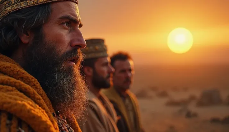 6. The sun recedes - Hezekiah's miracle
Close-up: The incredulous look of the king's servants as they observe the shadow on Ahaz's sundial.
Open shot: The sun in the sky begins to recede, changing the position of the shadows, confirming the sign of Hezekia...