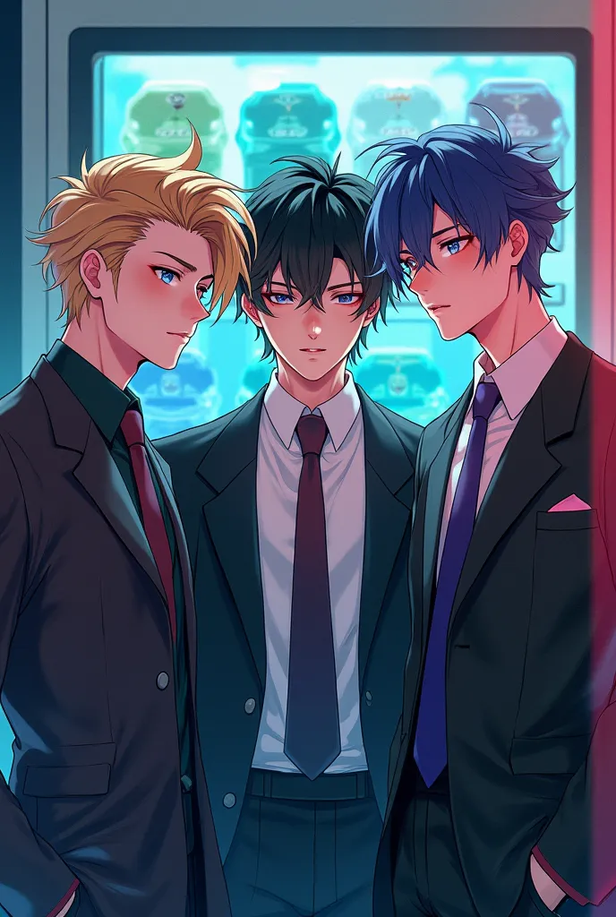 3 handsome Japanese anime boys with stylish hair are at the vending machine 