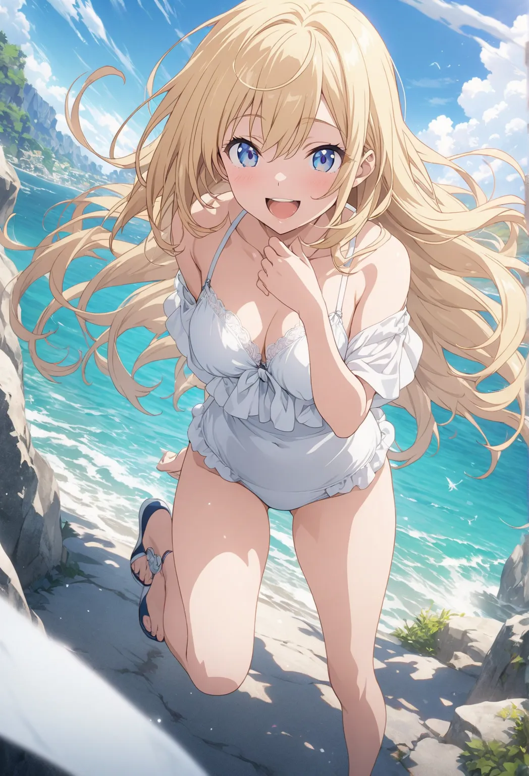 masterpiece, Best Quality, Highly Detailed CG Unity 8k Wallpaper, blue sky, 20 year old girl anime illustration. Attractive Poses、Close your eyes、opening your mouth, smile.  The background is a pastel colored landscape,  Blonde Color ,long hair、hair flutte...