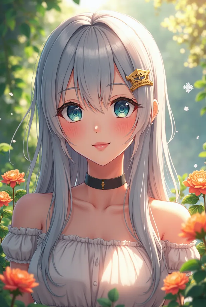  face seen from the front,upper body,Cheerful woman with silver hair,Straight Long Hair,anime,2.5D,hair ornaments close to the garden