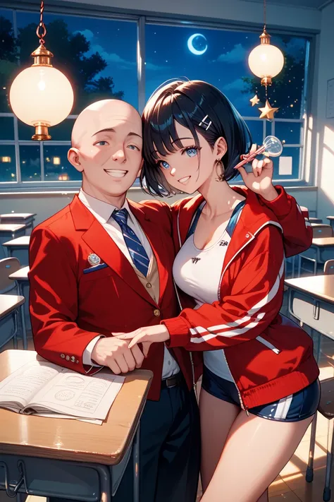 Beautiful black haired short bob girl wearing a red jersey jacket and a red and white competitive swimsuit,kind smile,SCHOOL CLASSROOM,night,Light from a miniature bulb,dim,The bald man's teacher,Two people in the picture,