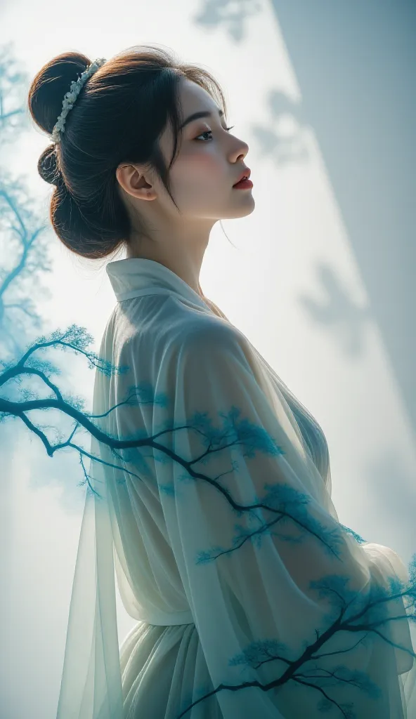 Double Exposure Style, Volumetric Lighting, a girl with Wrap top,arching her back,Traditional Attire,Artistic Calligraphy and Ink,, light depth, dramatic atmospheric lighting, Volumetric Lighting, double image ghost effect, image combination, double exposu...