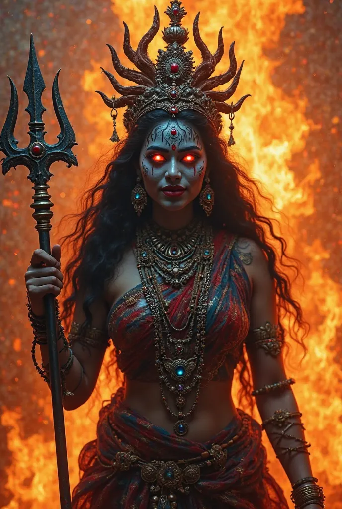 Here's a description of the image:


**One-sentence summary:** The image depicts a fierce and powerful depiction of the Hindu goddess Kali, surrounded by flames, holding a trident, conveying a sense of divine wrath and destructive energy.


**Detailed desc...