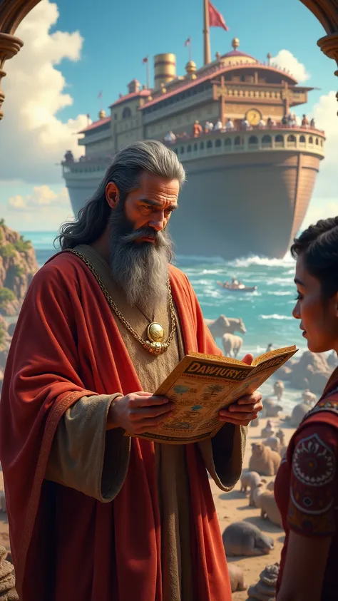 "Noah picture, wearing clothes from the 500 century BC, holding a promotional flyer with the title 'Journey of the Century', while the customer looks at the booklet amazed. The background image shows the Ark with entertainment images, meals and animals rel...