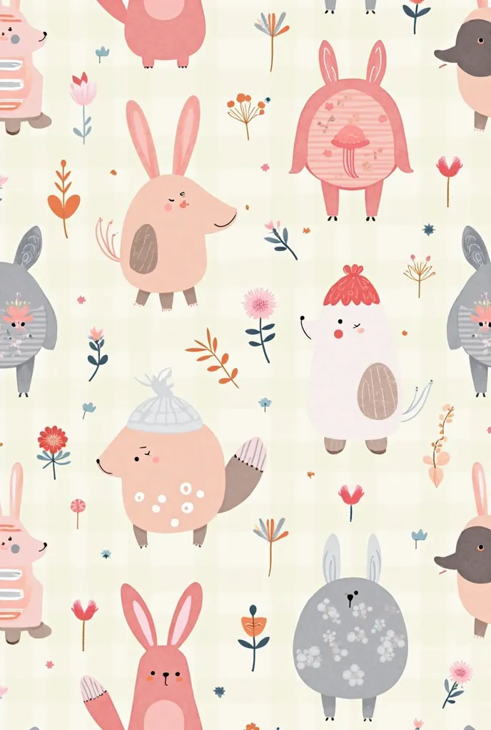 Wallpaper with a plaid background in pastel colors and cute elements that are repeated in the pattern 