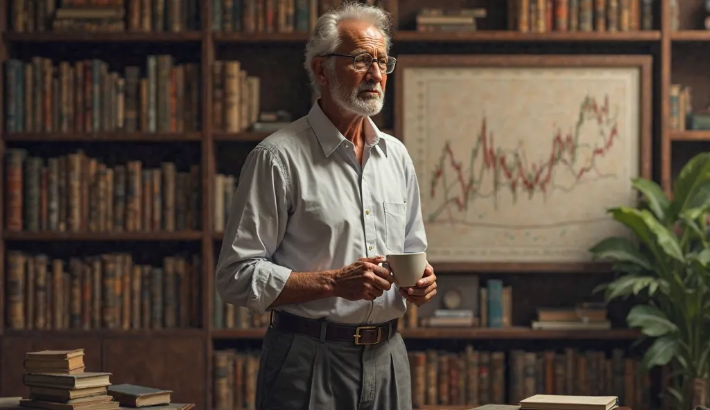 An older man in his 50s, standing in front of a large home office bookshelf filled with finance books. He holds a cup of coffee while looking thoughtfully at a large chart on the wall that tracks his investments over the years. The atmosphere is calm, with...