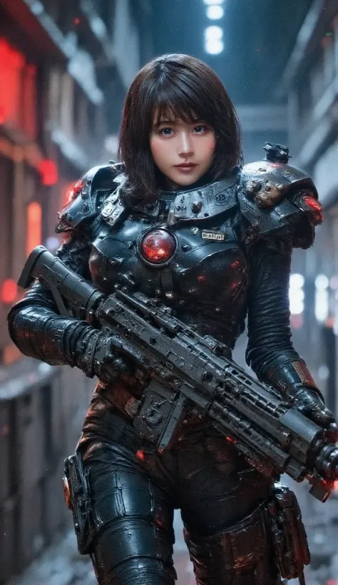 (high quality , 4K, 8k,   kampala  , masterpiece: 1.2), (  realistic, realistic:1.37),   (((    female soldier in futuristic costume     ))),  (((beautiful dark-haired  female soldier in futuristic costume   )))  、((    plasma gun in hand   )),   full body...