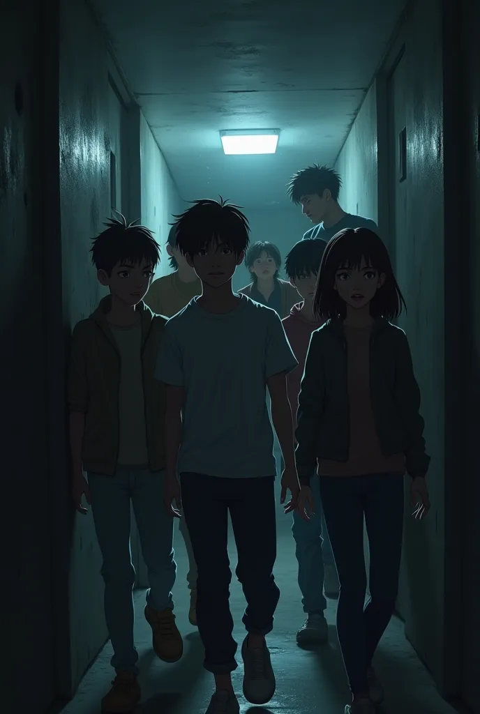  Create an image, where three guys and three girls walk through a dark, narrow room(side shot), which has two evil characters. 1080x1920 image format for stories 