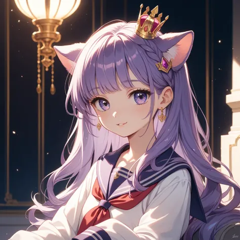 girls、 purple sailor suit、 Long purple hair、 small crown on the throne、Cat ears、Only the upper body