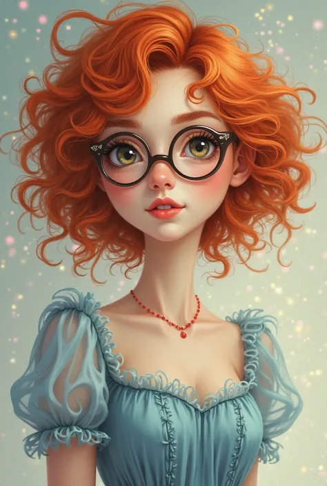 A girl with curly red hair, , with lenses, long lashes, A blue dress