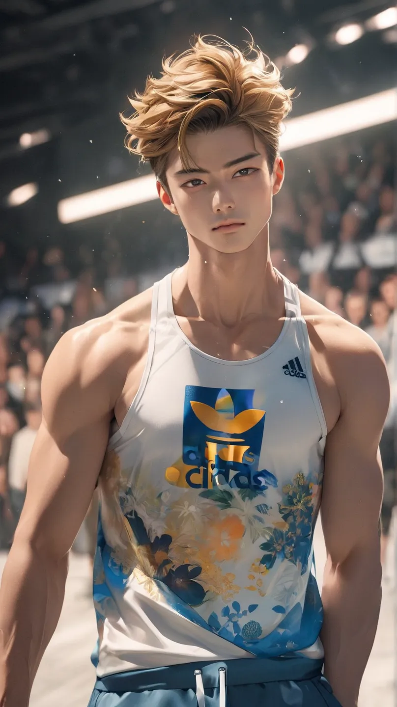 ((photorealism:1.2),  very Handsome japanese man, 22-27 year-old, he is a fashion model, Adidas fashion show, adidas logo as background, he is on the runway, spring season