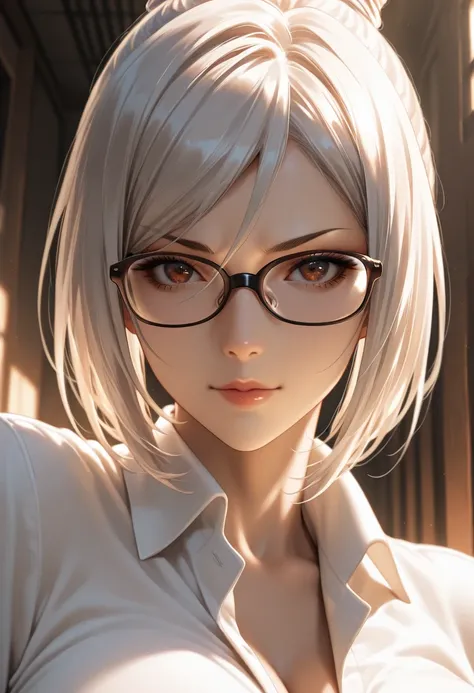 masterpiece, best quality, vibrant, very aesthetic, high contrast, photorealistic portrait,beautiful detailed face,detailed texture,detailed skin, newest, 1girl, Prison School,source_ Prison School,shiraki meiko,glasses,shirt,room
