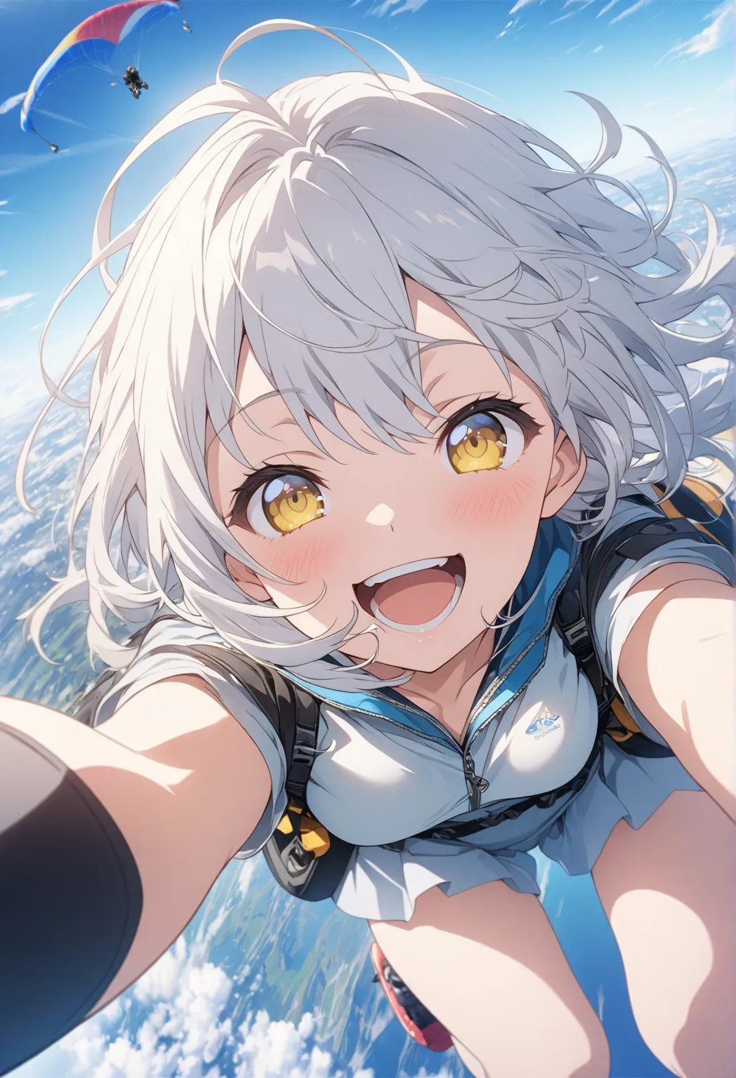 masterpiece, Best Quality, Highly Detailed CG Unity 8k Wallpaper, Blue sky background, anime illustration of a high school girl. Attractive Poses、Close your eyes、opening your mouth, smile.  The background is a pastel colored landscape, My white hair flutte...