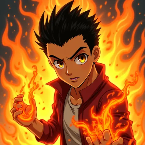 Young man with short slicked back black hair and golden eyes with fire magic anime style