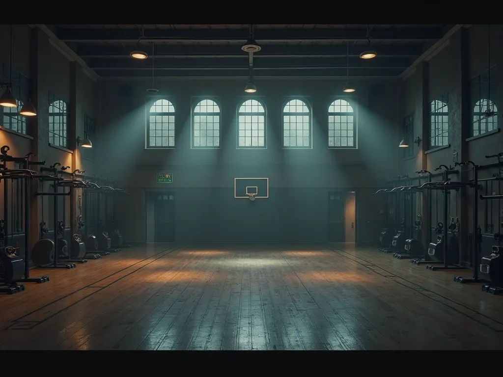 Image size 1000px wide and 600px tall. Image content: Indoor gym lit up with lights but realistically doesn't make the picture shine Empty Without high light