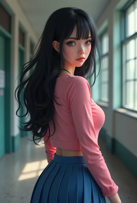 black hair, green eyes, plump lips, looking back at viewer, pink long sleeve top, blue skirt, pleated skirt, glutes crease, lifting, closed mouth, school background