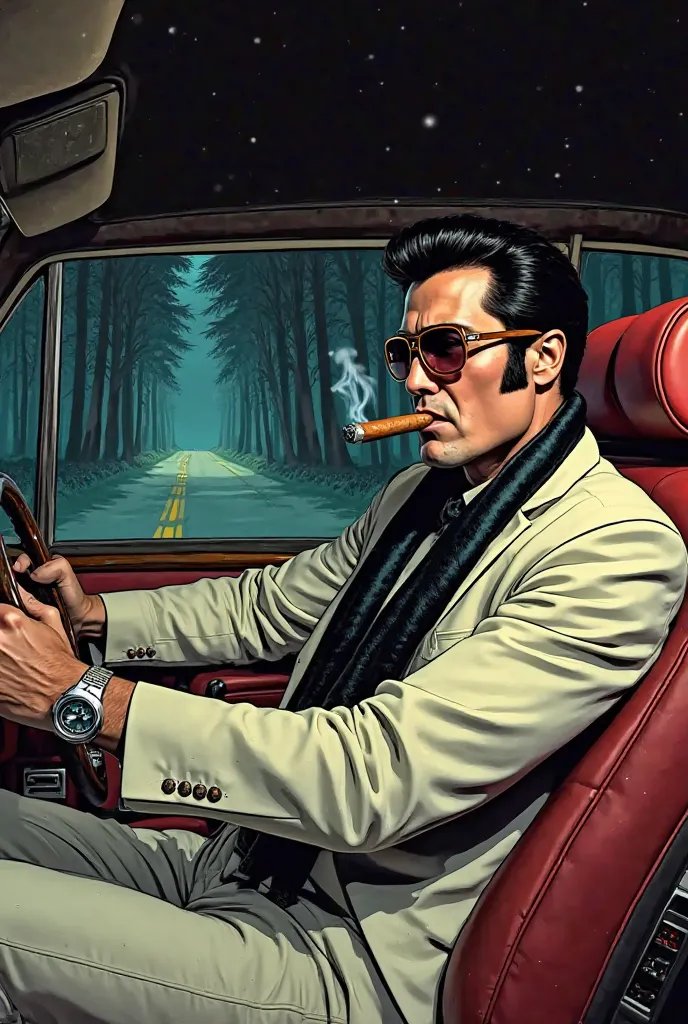 A man looking like Elvis wearing cream suit and a black silk scarf, brown Gucci glasses, smoking a cigar driving a rolls Royce silver Shadow with red leather interior from 1970's through a forest road at night. He looks distracted, he is looking out the wi...