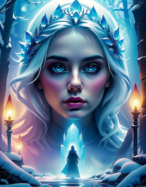 in style of Holography , in style of Holography , portrait，（A pair of beautiful eyes to reflect the glowing portal,：1.37），Heart, 《The Frozen Throne》，Cave，Thick fog，heavy snow，portal requires a trigger setting function， double exposure, 4K, Extreme Details,...