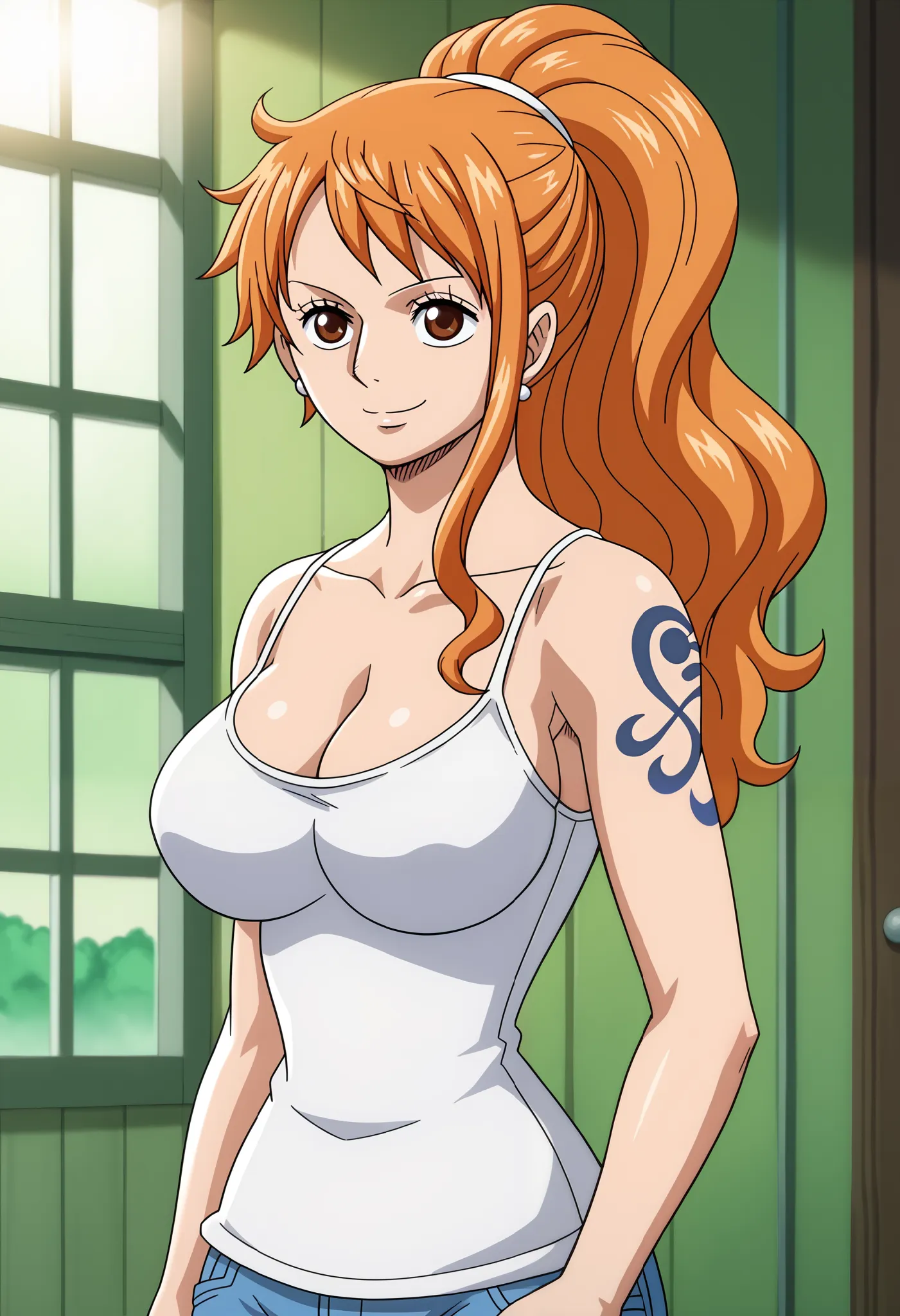 score_9_up, best quality, cowboy shot, anime_source, anime style, (SOLO:1.7), 1girl, Nami, orange hair, (white comesole:1.4), morning, (ponytail:1.7),  (serious smile:1.3), (curvy body:0.7),), (slightly looking at the viewer:1.2) (Medium breasts:1.5), jean...