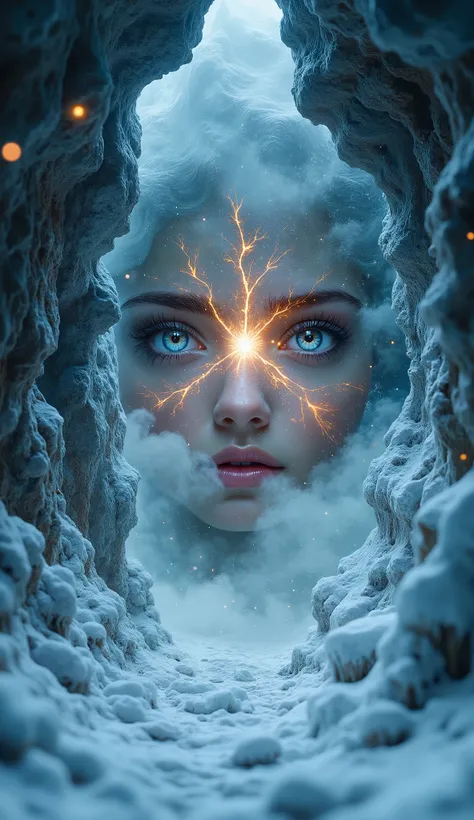 in style of Holography , in style of Holography , portrait,(A pair of beautiful eyes to reflect the glowing portal,:1.37),Heart, 《The Frozen Throne》,Cave,Thick fog,heavy snow,portal requires a trigger setting function, double exposure, 4K, Extreme Details,...
