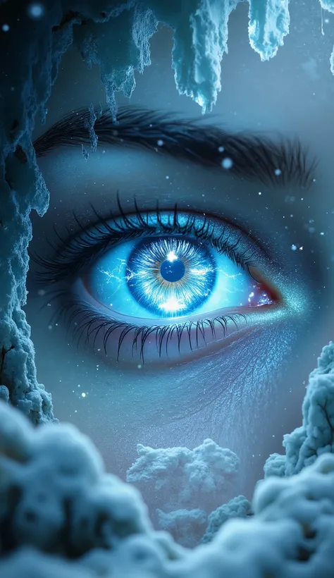 in style of Holography , in style of Holography , portrait,(A pair of beautiful eyes to reflect the glowing portal,:1.37),Heart, 《The Frozen Throne》,Cave,Thick fog,heavy snow,portal requires a trigger setting function, double exposure, 4K, Extreme Details,...